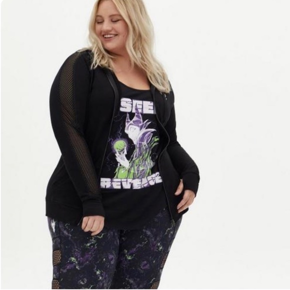 'TORRID Disney Sleeping Beauty Maleficent Black Mesh Shoulder Active Zip Hoodie - Picture 2 of 8